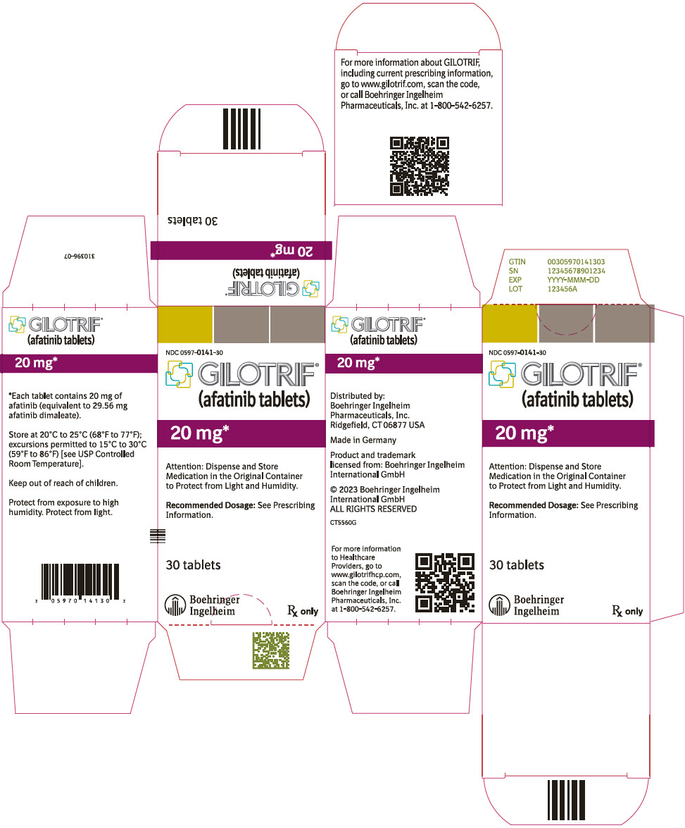 GILOTRIF(afatinib,阿法替尼)美国官方包装标签示意(来源:DailyMed;非当地实物包装,标签规格不构成用药建议)